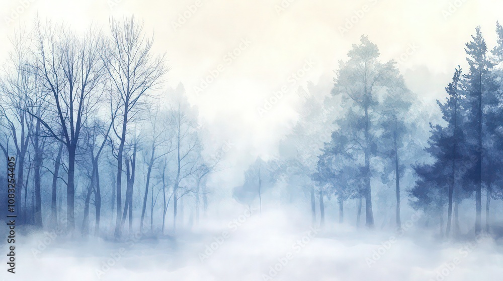 Fototapeta premium An abstract watercolor scene of a fog-laden forest, with a subtle winter chill in the air, tree lines softly blending into a misty ambiance on a transparent canvas.