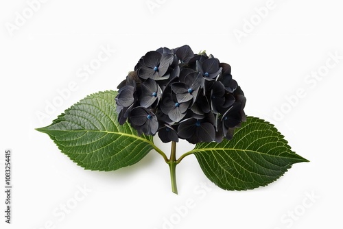 black Hydrangea flowers in isolated white background. With a harmonious balance of mystery and natural beauty."


