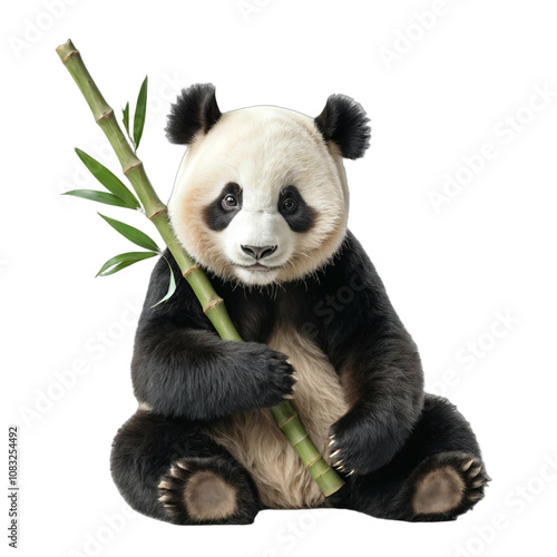 panda bear sitting and holding bamboo, showcasing its black and white fur and round face. Transparent Background