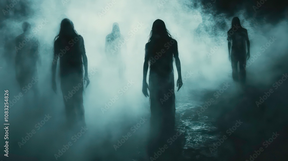 Fototapeta premium Mysterious silhouettes of unknown figures shrouded in an eerie gloomy fog creating an atmosphere of suspense trepidation and the unseen