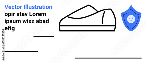 Outline of a shoe next to a blue shield with check mark, text elements, and lines. Ideal for e-commerce, product safety, branding, marketing, advertisement, web design, DIY graphic design. Landing