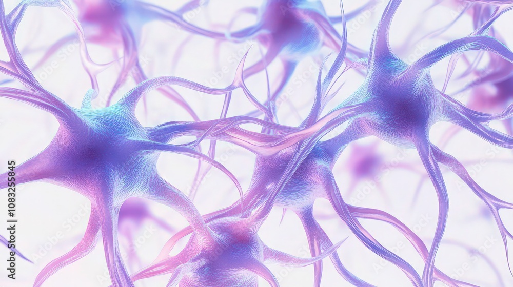 Fototapeta premium A complex network of interconnected nerve cells in soft hues of purple and blue, each cella??s axon glowing, creating a sense of movement against a white background