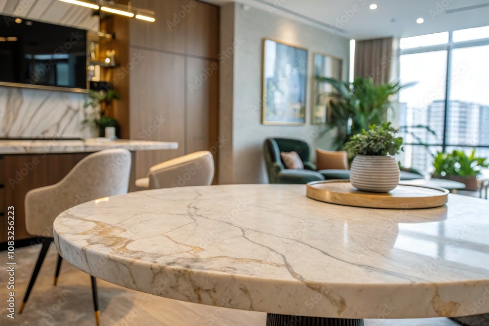 Obraz premium Modern Apartment with Marble Stone Countertop Rounded Table for Stylish Product Display in Contemporary Setting