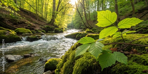 Serene Macro Photography of a Flowing Creek Surrounded by Lush Greenery and Mossy Stones in the Carpathian Mountains, Capturing Nature's Beauty in Ukraine photo