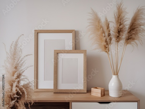 A minimalist interior setting. On a wooden surface, there are two empty wooden frames with white matting. there's a white vase holding tall, dried grass or reeds.