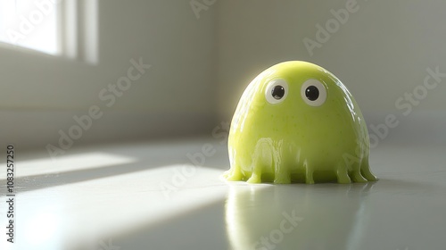 A cute green blob with googly eyes sitting on a white floor with a window in the background. photo