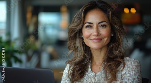 Wallpaper Mural A confident businesswoman smiles at the camera while sitting at her desk with a laptop in front of her. Torontodigital.ca