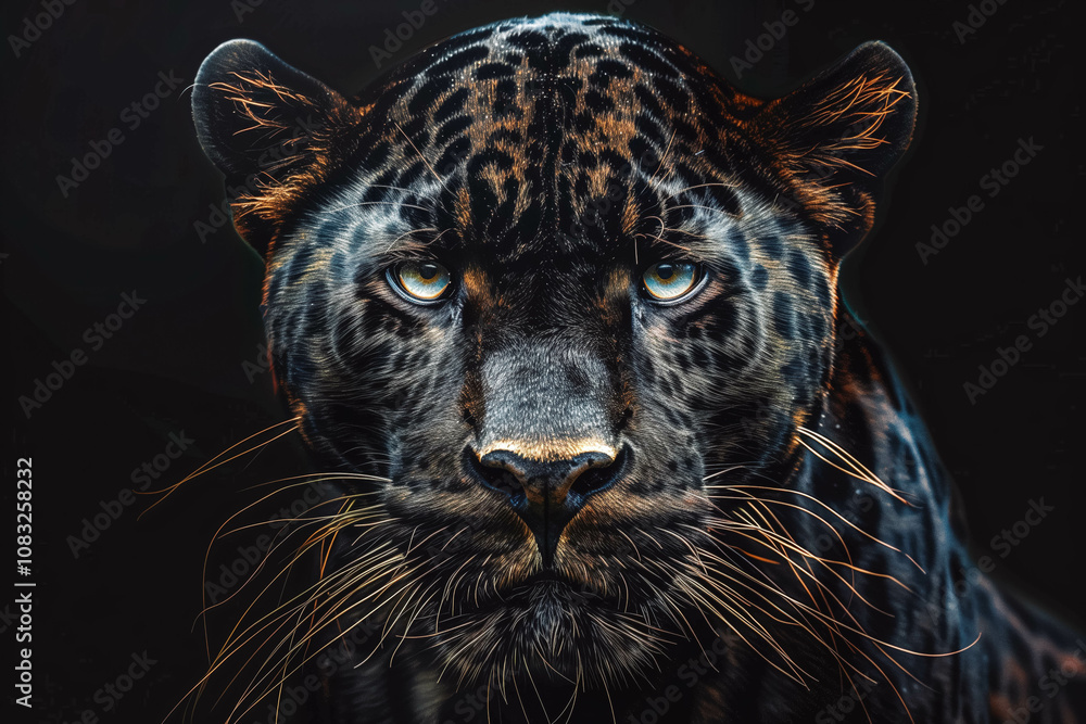 Obraz premium Front view of Panther on black background. Wild animals banner with copy space. Predator series. digital art