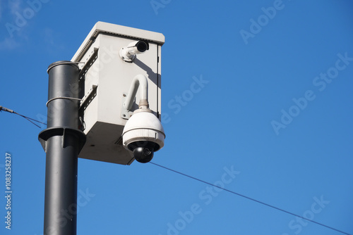 A surveillance camera is firmly mounted on a pole, set against a clear blue sky backdrop photo