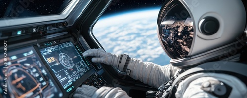 Obraz na płótnie Astronaut navigating spacecraft in Earth's orbit.