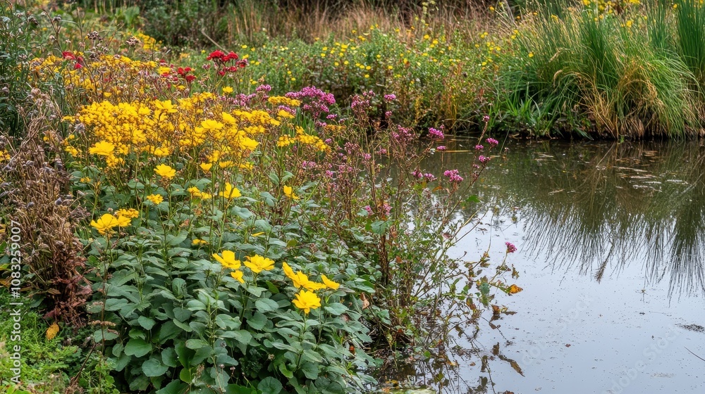 Fototapeta premium Vibrant Flowers and Serene Waterscape: A Colorful Meadow by a Tranquil Pond Surrounded by Nature's Beauty in Autumn Season