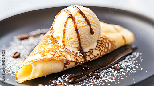 Delicious crepe wrapped around scoop of vanilla ice cream, drizzled with chocolate sauce and sprinkled with powdered sugar, creating delightful dessert experience