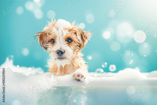 Funny puppy Dog taking bath with shampoo and bubbles in bathtub . Banner for pet shop, grooming salon, copy space. photo