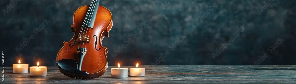 Fototapeta premium Beautiful violin placed beside lit candles in a dim setting.