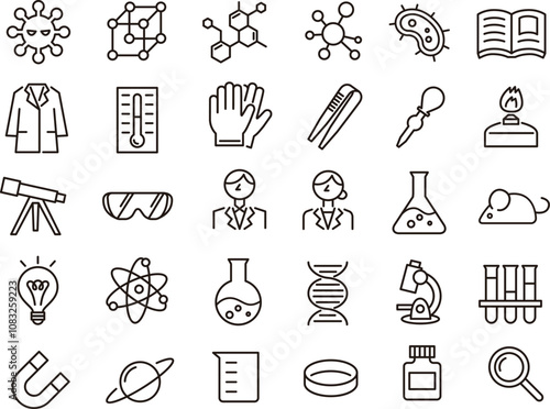 科学・研究・実験アイコンのイラストセット(線画)