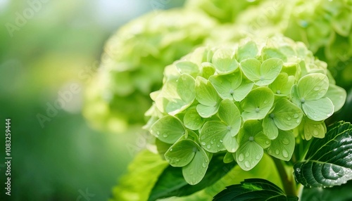 Green Hydrangea macrophylla Blossom near house wall. Colorful hydrangeas in garden, close up Green hortensia blooms. Endless summer Hydrangea flowers.