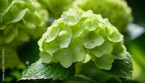 Green Hydrangea macrophylla Blossom near house wall. Colorful hydrangeas in garden, close up Green hortensia blooms. Endless summer Hydrangea flowers.