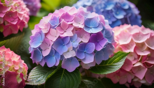Colourful Hydrangea macrophylla Blossom near house wall. Colorful hydrangeas in garden, close up. Purple blue pink hortensia blooms. Endless summer Hydrangea flowers.