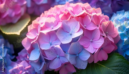 Colourful Hydrangea macrophylla Blossom near house wall. Colorful hydrangeas in garden, close up. Purple blue pink hortensia blooms. Endless summer Hydrangea flowers.