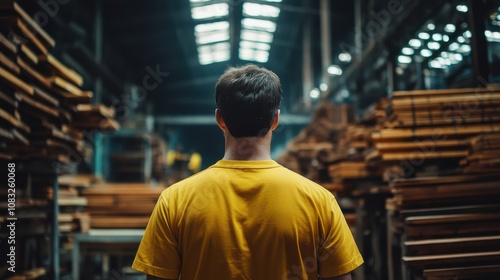 An engineer in a yellow shirt oversees production in a hardwood furniture factory, emphasizing craftsmanship and industrial design