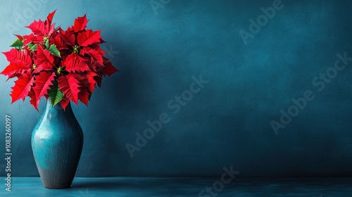 Red poinsettia plant in a blue vase against a blue wall with copy space.