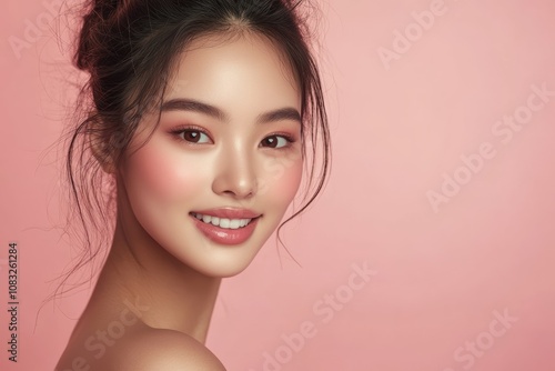 An Asian woman poses with impeccable skin against a pastel pink backdrop, reflecting skincare excellence and elegance in a commercial context.