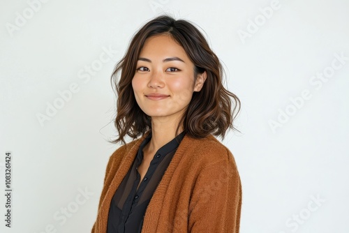 Middle-aged Asian women, in their late 30s to early 40s, pose in simple, everyday attire against clean white background. Portraits emphasize natural beauty casual, comfortable fashion. photo