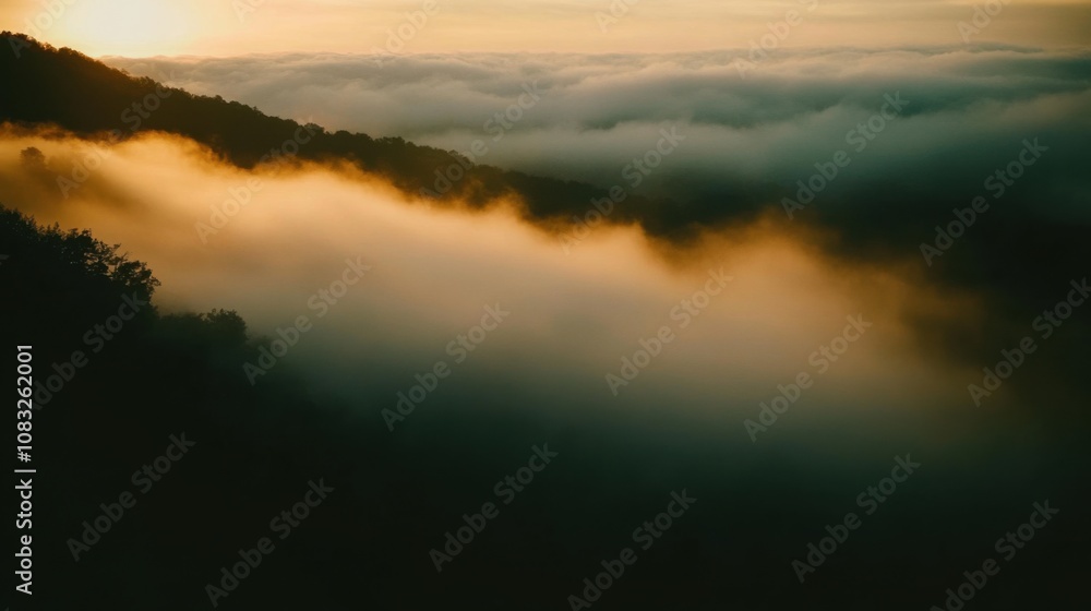 Obraz premium A moody photograph of a dense fog rolling over a mountain pass at sunrise, Mountain fog scene, Moody style