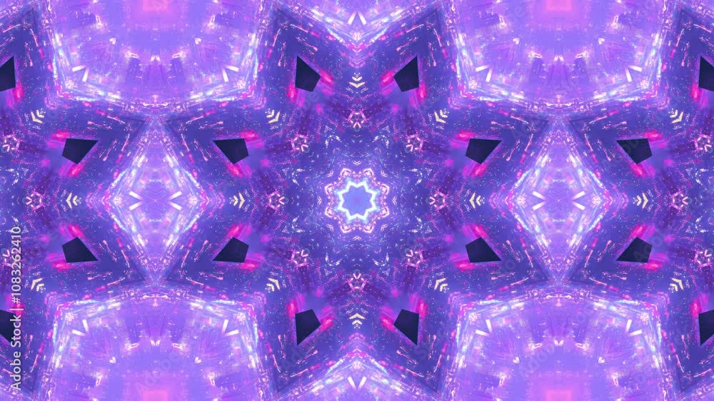 A vibrant kaleidoscopic pattern with purple hues and geometric shapes.