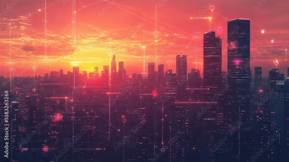 custom made wallpaper toronto digitalSunrise Over City with Digital Connections