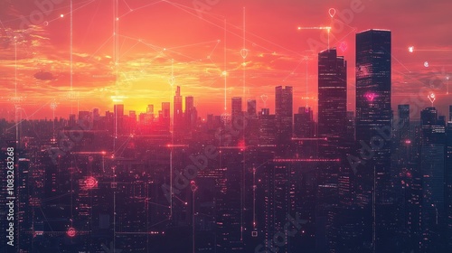 Wallpaper Mural Sunrise Over City with Digital Connections Torontodigital.ca