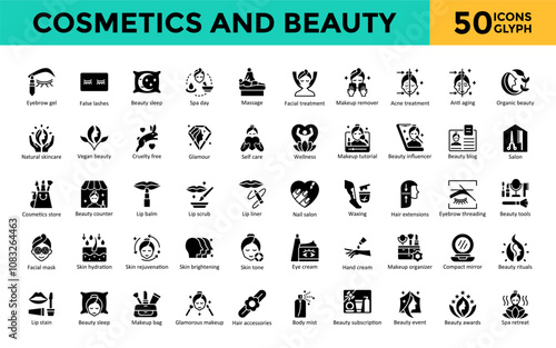 Cosmetics and Beauty icons set with eyebrow gel, false lashes, beauty sleep, spa day, massage, facial treatment, makeup remover, acne treatment, anti aging, organic beauty icon. Simple glyph vector 
