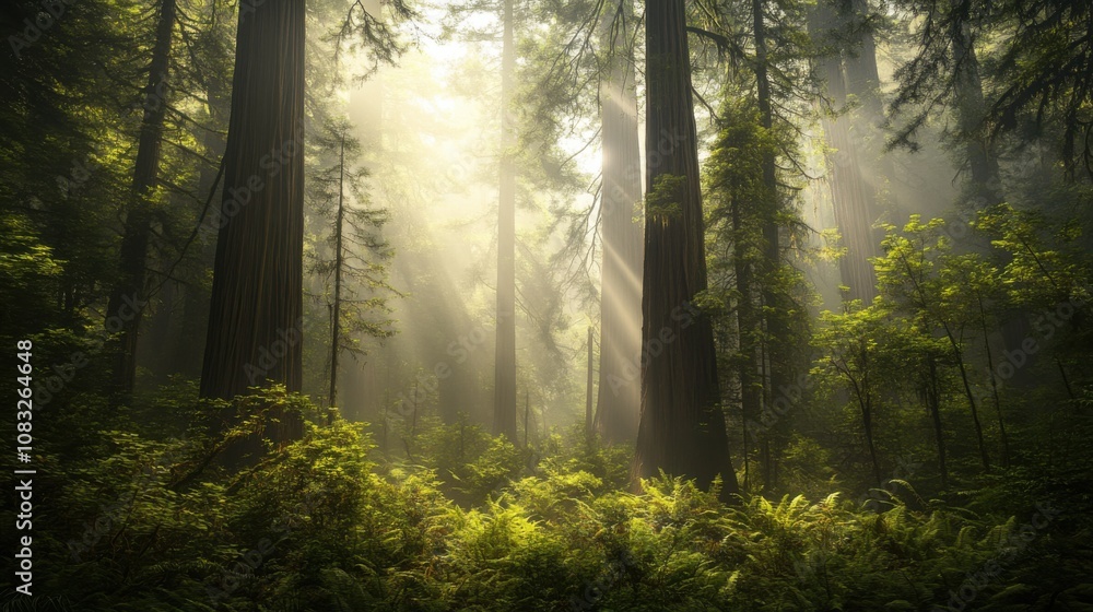 Obraz premium A mystical view of the ancient redwood forest in California's Redwood National and State Parks, Forest scene, Mystical style