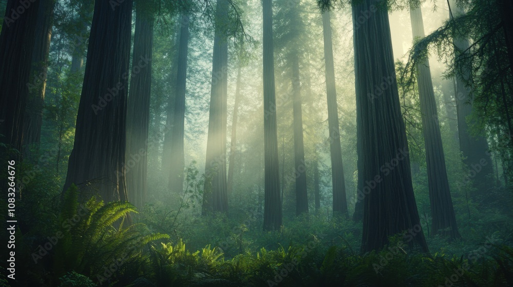 Obraz premium A mystical view of the ancient redwood forest in California's Redwood National and State Parks, Forest scene, Mystical style