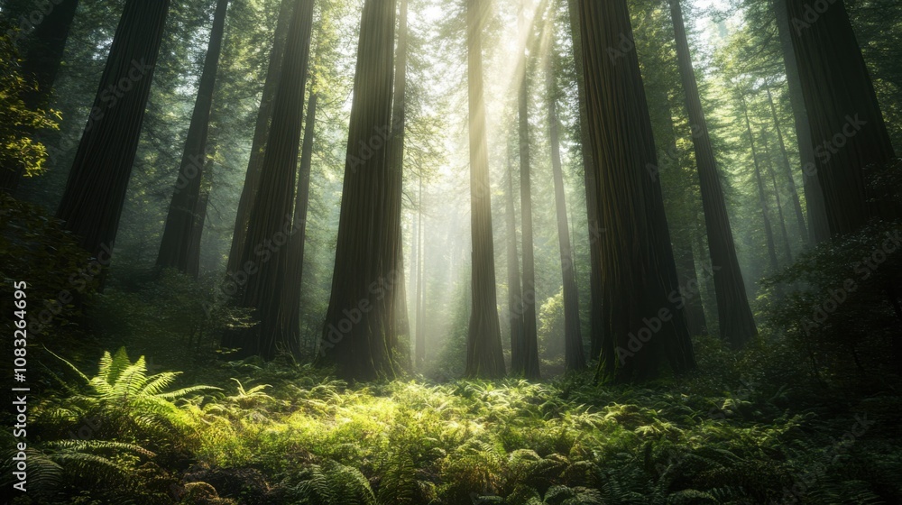 Obraz premium A mystical view of the ancient redwood forest in California's Redwood National and State Parks, Forest scene, Mystical style