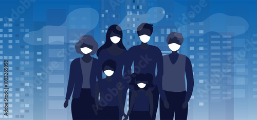 Family wearing face masks tor protect smoke, pm 2.5, dust and air pollution in city, factory pipes and industrial smog vector illustration. Environmen