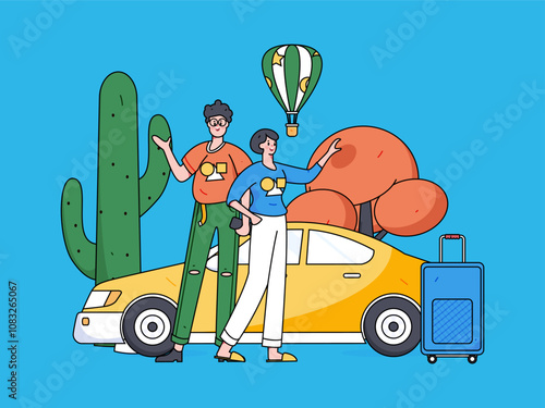 Flat vector concept operation hand drawn illustration of people taking a taxi
