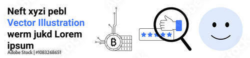 Text beside cryptocurrency blockchain symbol, magnifying glass examining user ratings, blue happy face. Ideal for tech blogs, reviews, ratings, cryptocurrency, blockchain, digital identity, customer