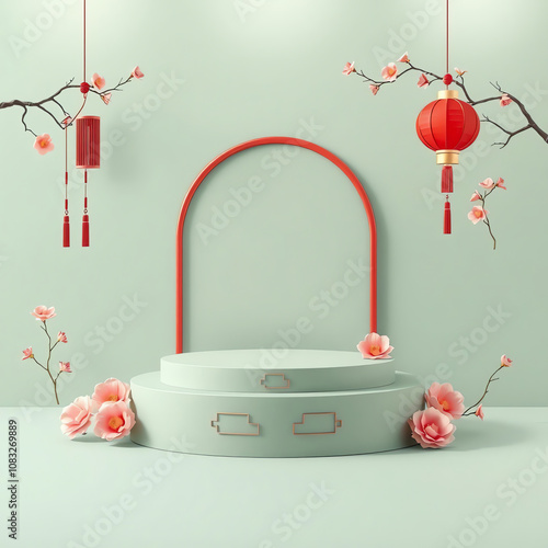 chinese pedestal product stand platform mockup illustration with lantern for lunar new year product sale advertising