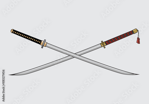 Two katana sword crossed flat vector illustration