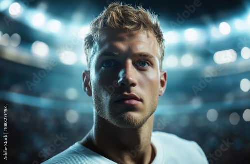 American football player in uniform, with bright stadium lights in the background. His focused expression and athletic build convey determination and readiness for the game. photo