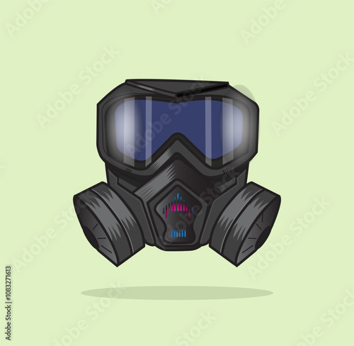 Gas Mask, respirator with glasses and filters flat vector Illustration 