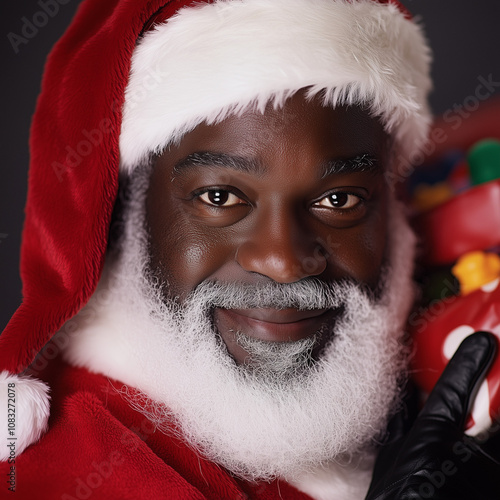 Realistic African American Santa Claus Close-Up Portrait - Holiday Cheerful Smile