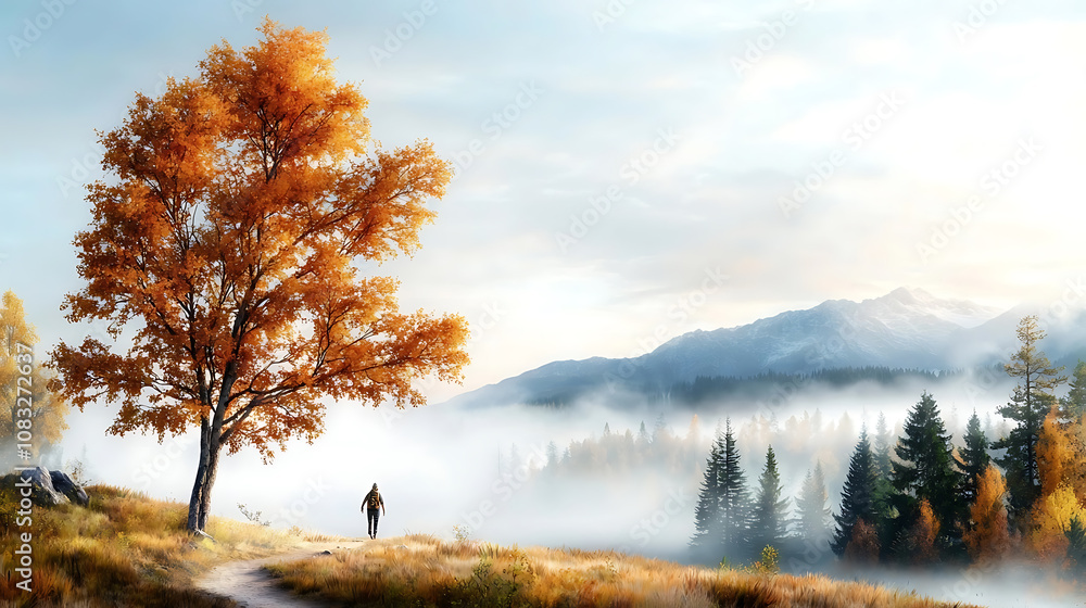 Fototapeta premium Walking through autumn landscapes mountain region nature scene serene environment wide view peaceful exploration