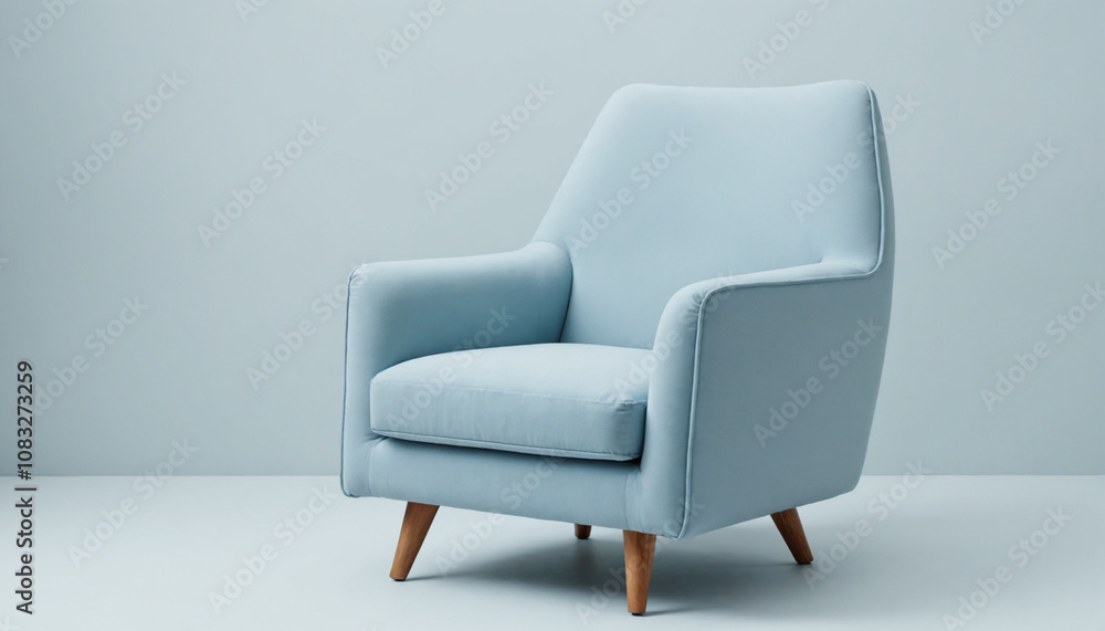 Fototapeta premium modern light blue armchair with wooden legs in a minimalistic interior design