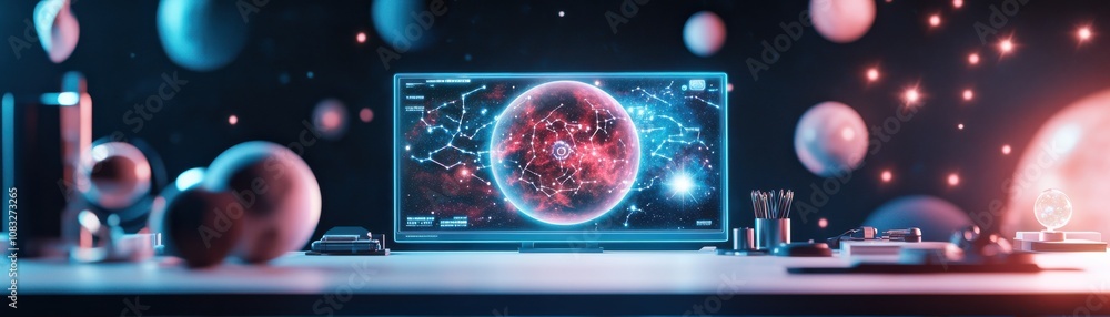 Obraz premium Futuristic workspace with a digital universe on screen.