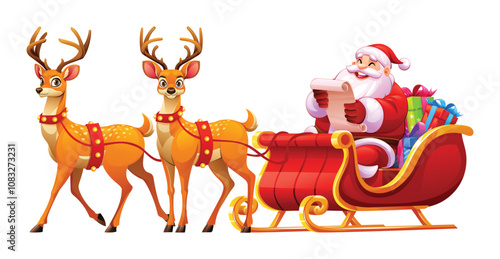 Santa Claus in sleigh with gifts, holding a list, led by two reindeer. Vector cartoon illustration