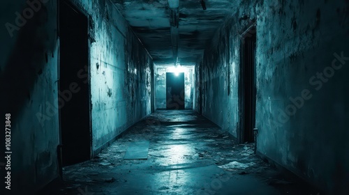 Wallpaper Mural Haunting image of an abandoned decrepit industrial corridor with a mysterious doorway casting an ominous glow of light creating a sense of foreboding and suspense The dark Torontodigital.ca