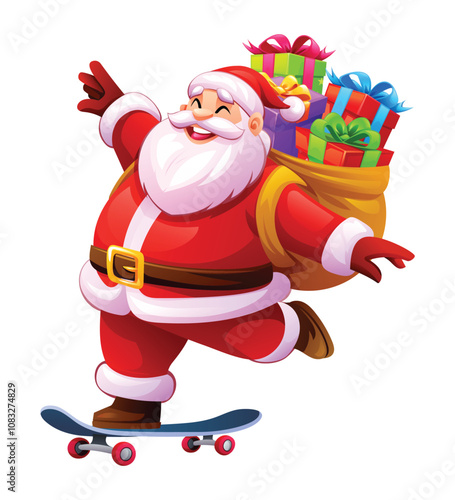 Santa Claus skateboarding while carrying a sack of presents, spreading holiday joy. Vector cartoon illustration