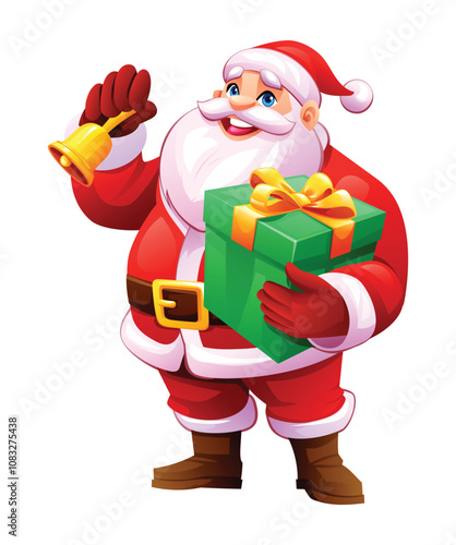 Santa Claus holding a Christmas gift and a golden bell, smiling happily for the holiday season. Vector cartoon illustration